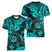 Hawaii Shaka Sign Women V Neck T Shirt Polynesian Pattern Turquoise Version - Wonder Print Shop
