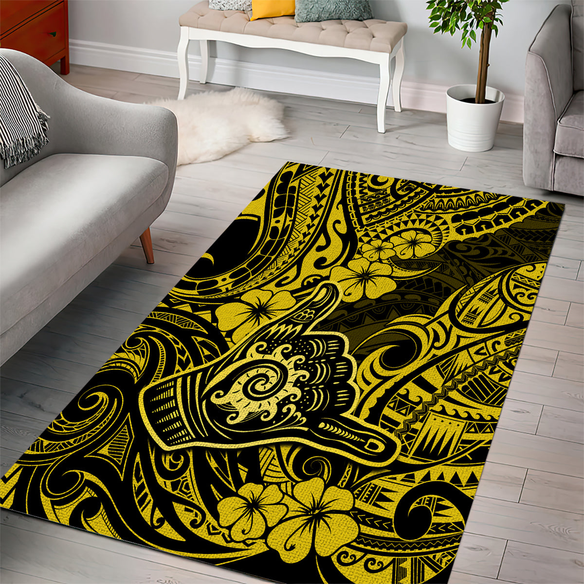 Hawaii Shaka Sign Area Rug Polynesian Pattern Yellow Version - Wonder Print Shop