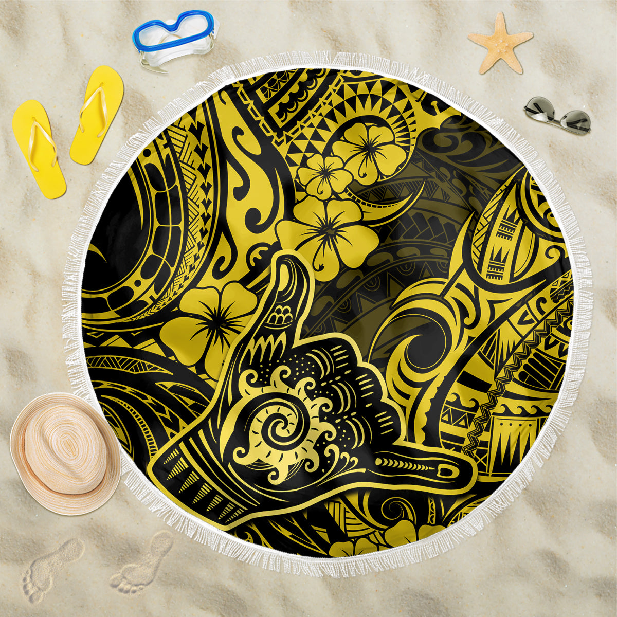 Hawaii Shaka Sign Beach Blanket Polynesian Pattern Yellow Version - Wonder Print Shop