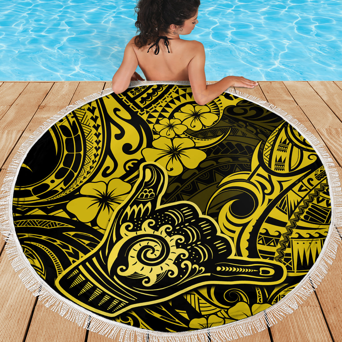 Hawaii Shaka Sign Beach Blanket Polynesian Pattern Yellow Version - Wonder Print Shop