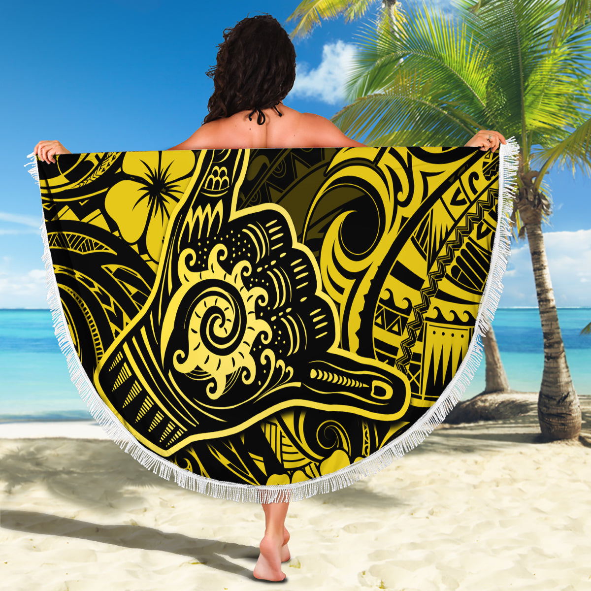 Hawaii Shaka Sign Beach Blanket Polynesian Pattern Yellow Version - Wonder Print Shop