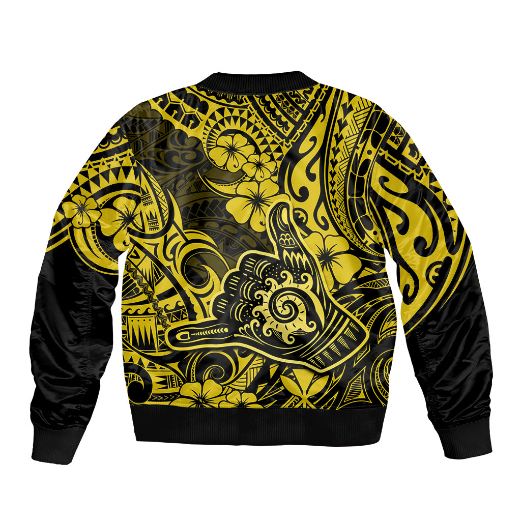 Hawaii Shaka Sign Bomber Jacket Polynesian Pattern Yellow Version - Wonder Print Shop