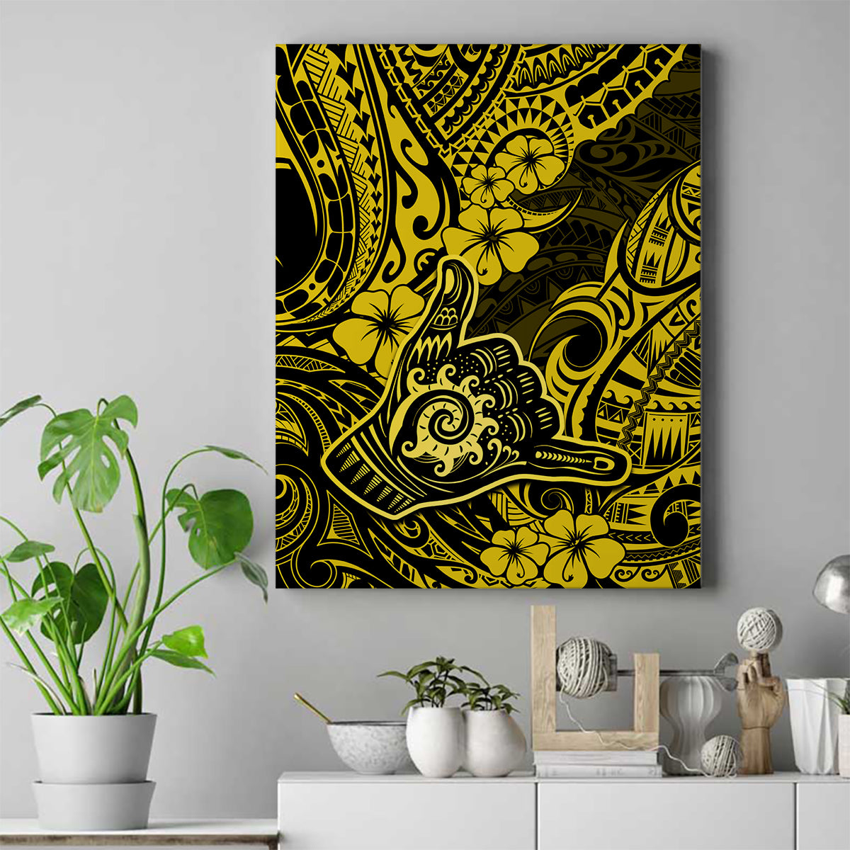 Hawaii Shaka Sign Canvas Wall Art Polynesian Pattern Yellow Version - Wonder Print Shop