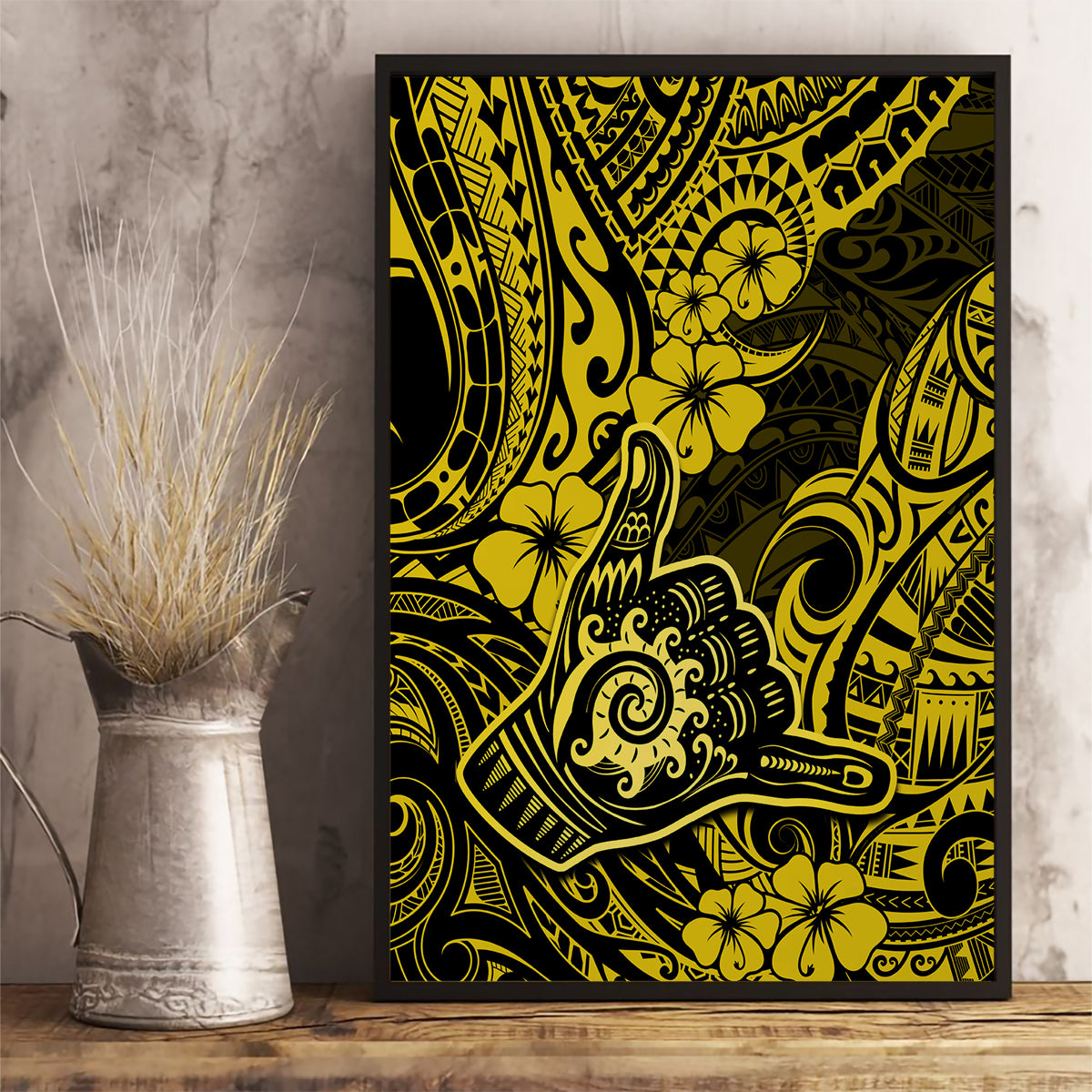 Hawaii Shaka Sign Canvas Wall Art Polynesian Pattern Yellow Version - Wonder Print Shop