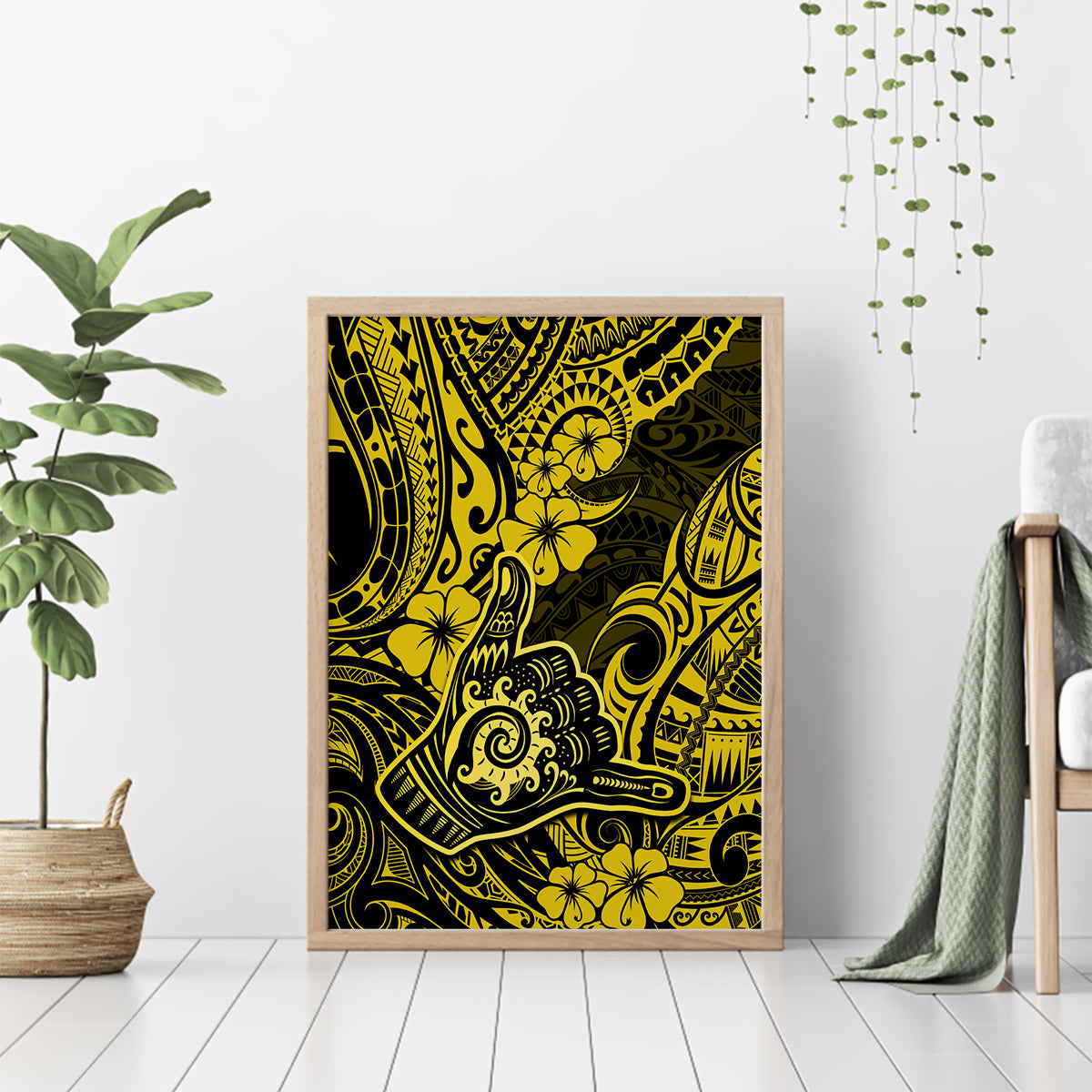 Hawaii Shaka Sign Canvas Wall Art Polynesian Pattern Yellow Version - Wonder Print Shop