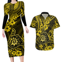 Hawaii Shaka Sign Couples Matching Long Sleeve Bodycon Dress and Hawaiian Shirt Polynesian Pattern Yellow Version - Wonder Print Shop