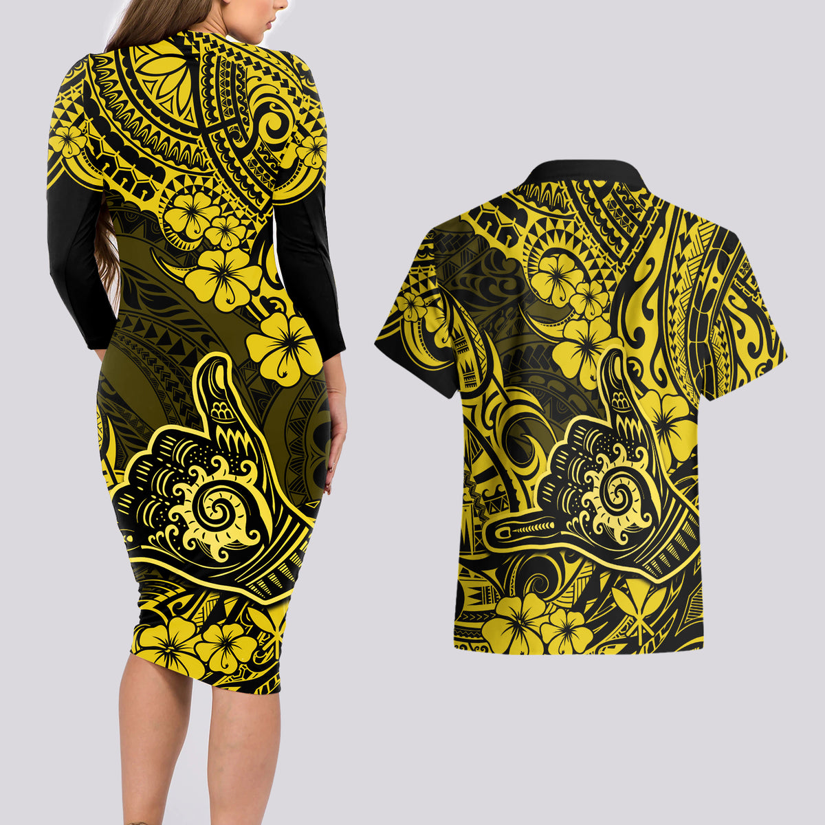 Hawaii Shaka Sign Couples Matching Long Sleeve Bodycon Dress and Hawaiian Shirt Polynesian Pattern Yellow Version - Wonder Print Shop