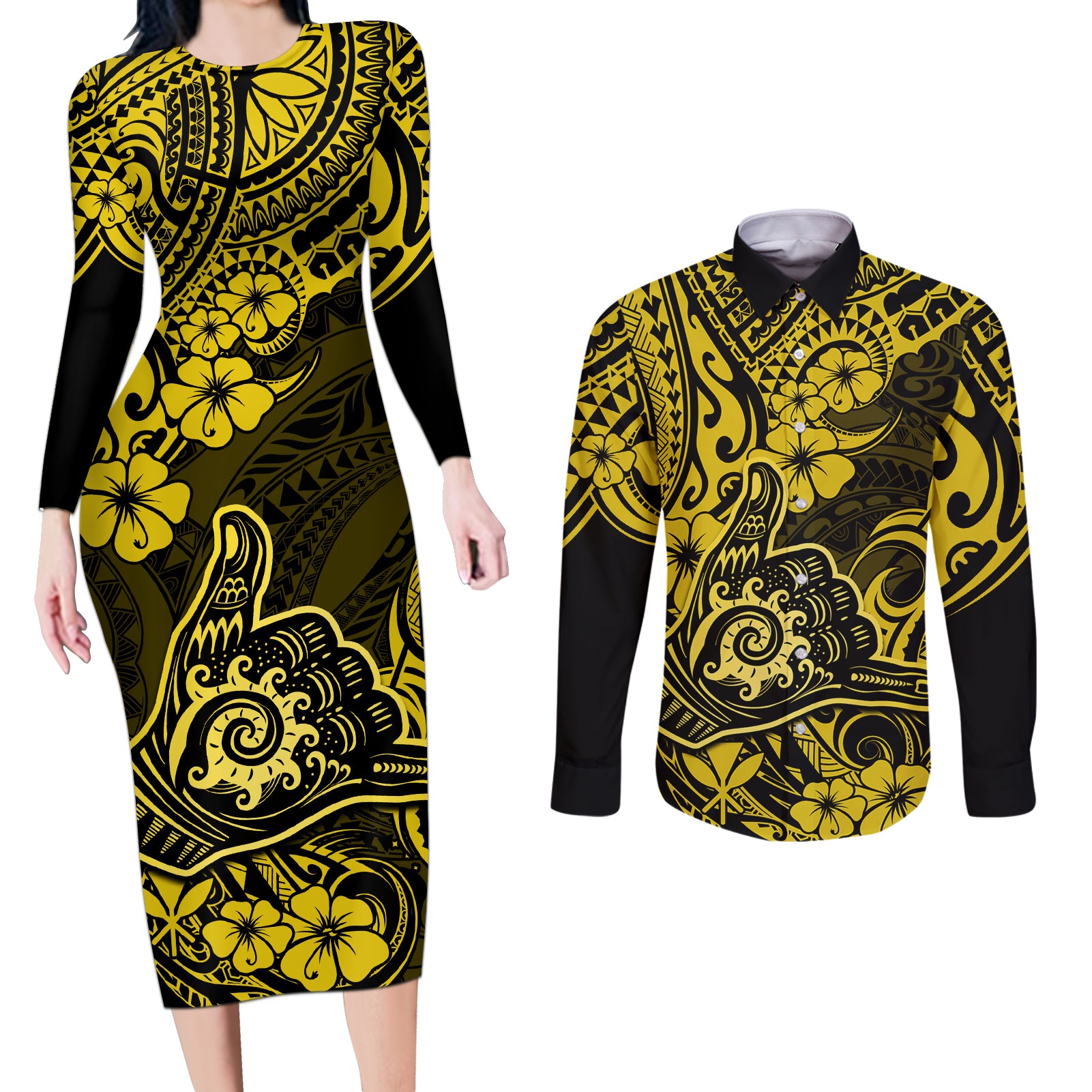 Hawaii Shaka Sign Couples Matching Long Sleeve Bodycon Dress and Long Sleeve Button Shirts Polynesian Pattern Yellow Version - Wonder Print Shop