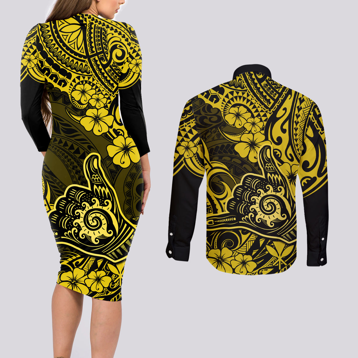 Hawaii Shaka Sign Couples Matching Long Sleeve Bodycon Dress and Long Sleeve Button Shirts Polynesian Pattern Yellow Version - Wonder Print Shop