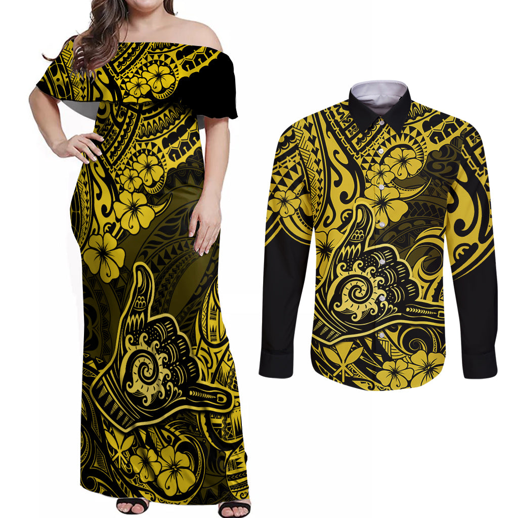 Hawaii Shaka Sign Couples Matching Off Shoulder Maxi Dress and Long Sleeve Button Shirts Polynesian Pattern Yellow Version - Wonder Print Shop
