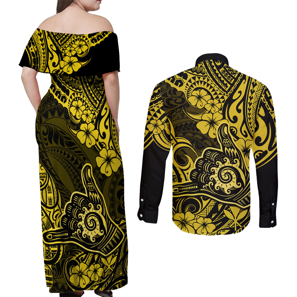 Hawaii Shaka Sign Couples Matching Off Shoulder Maxi Dress and Long Sleeve Button Shirts Polynesian Pattern Yellow Version - Wonder Print Shop