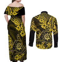 Hawaii Shaka Sign Couples Matching Off Shoulder Maxi Dress and Long Sleeve Button Shirts Polynesian Pattern Yellow Version - Wonder Print Shop