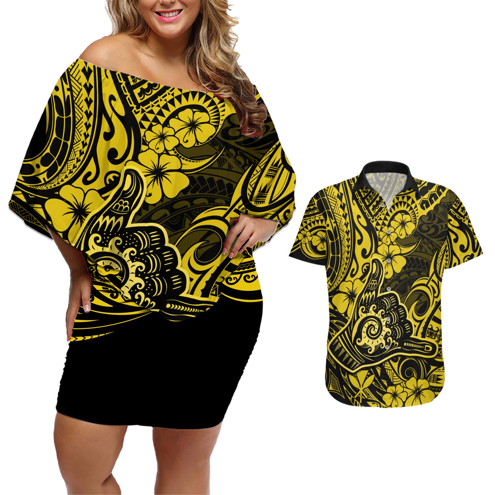 Hawaii Shaka Sign Couples Matching Off Shoulder Short Dress and Hawaiian Shirt Polynesian Pattern Yellow Version - Wonder Print Shop