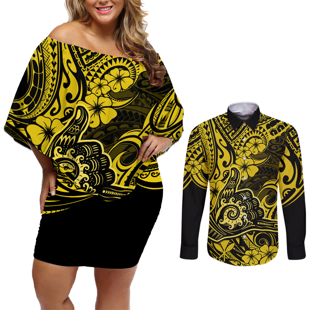 Hawaii Shaka Sign Couples Matching Off Shoulder Short Dress and Long Sleeve Button Shirts Polynesian Pattern Yellow Version - Wonder Print Shop