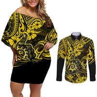 Hawaii Shaka Sign Couples Matching Off Shoulder Short Dress and Long Sleeve Button Shirts Polynesian Pattern Yellow Version - Wonder Print Shop