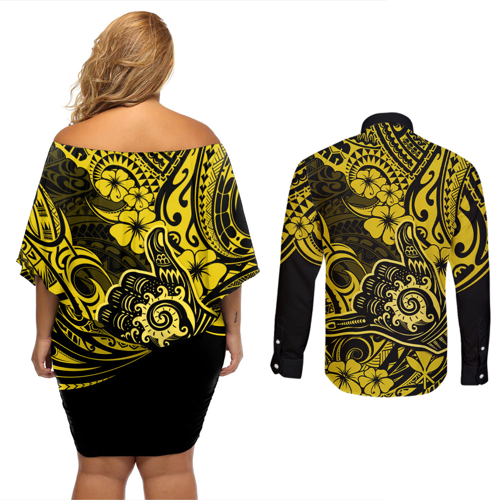 Hawaii Shaka Sign Couples Matching Off Shoulder Short Dress and Long Sleeve Button Shirts Polynesian Pattern Yellow Version - Wonder Print Shop