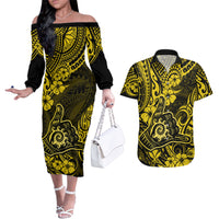 Hawaii Shaka Sign Couples Matching Off The Shoulder Long Sleeve Dress and Hawaiian Shirt Polynesian Pattern Yellow Version - Wonder Print Shop