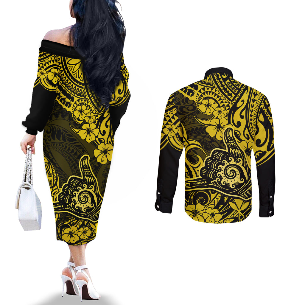 hawaii-shaka-sign-couples-matching-off-the-shoulder-long-sleeve-dress-and-long-sleeve-button-shirts-polynesian-pattern-yellow-version