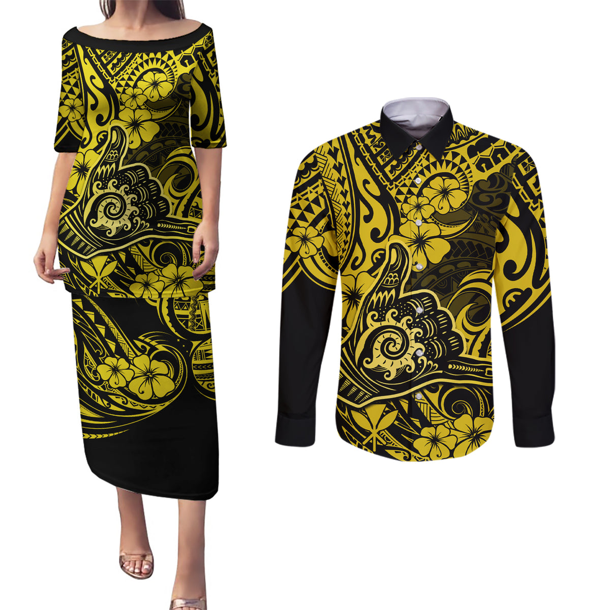 Hawaii Shaka Sign Couples Matching Puletasi Dress and Long Sleeve Button Shirts Polynesian Pattern Yellow Version - Wonder Print Shop