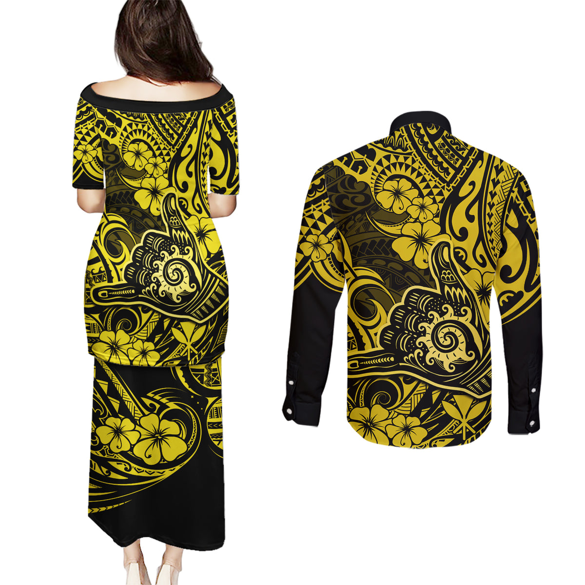 Hawaii Shaka Sign Couples Matching Puletasi Dress and Long Sleeve Button Shirts Polynesian Pattern Yellow Version - Wonder Print Shop