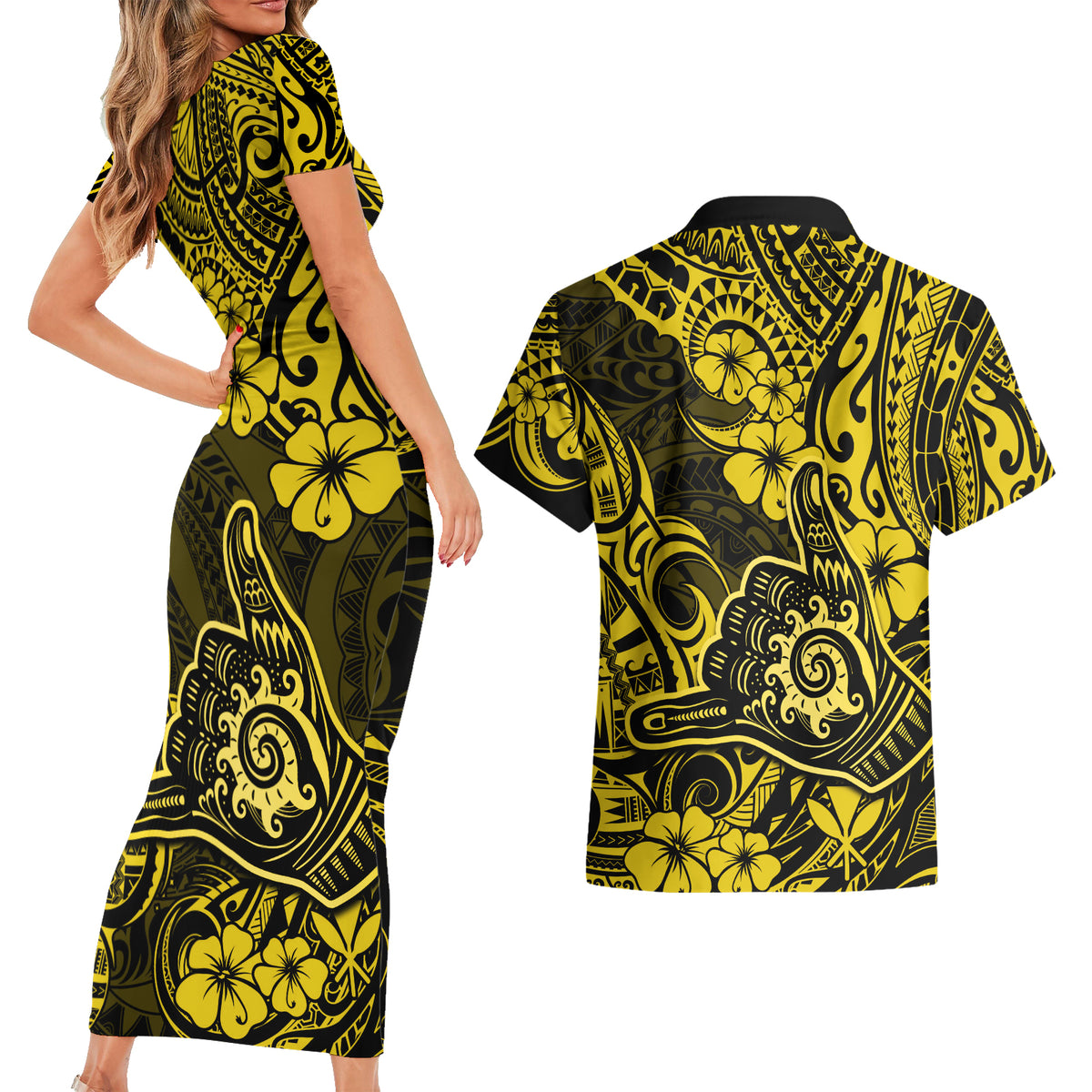 Hawaii Shaka Sign Couples Matching Short Sleeve Bodycon Dress and Hawaiian Shirt Polynesian Pattern Yellow Version - Wonder Print Shop