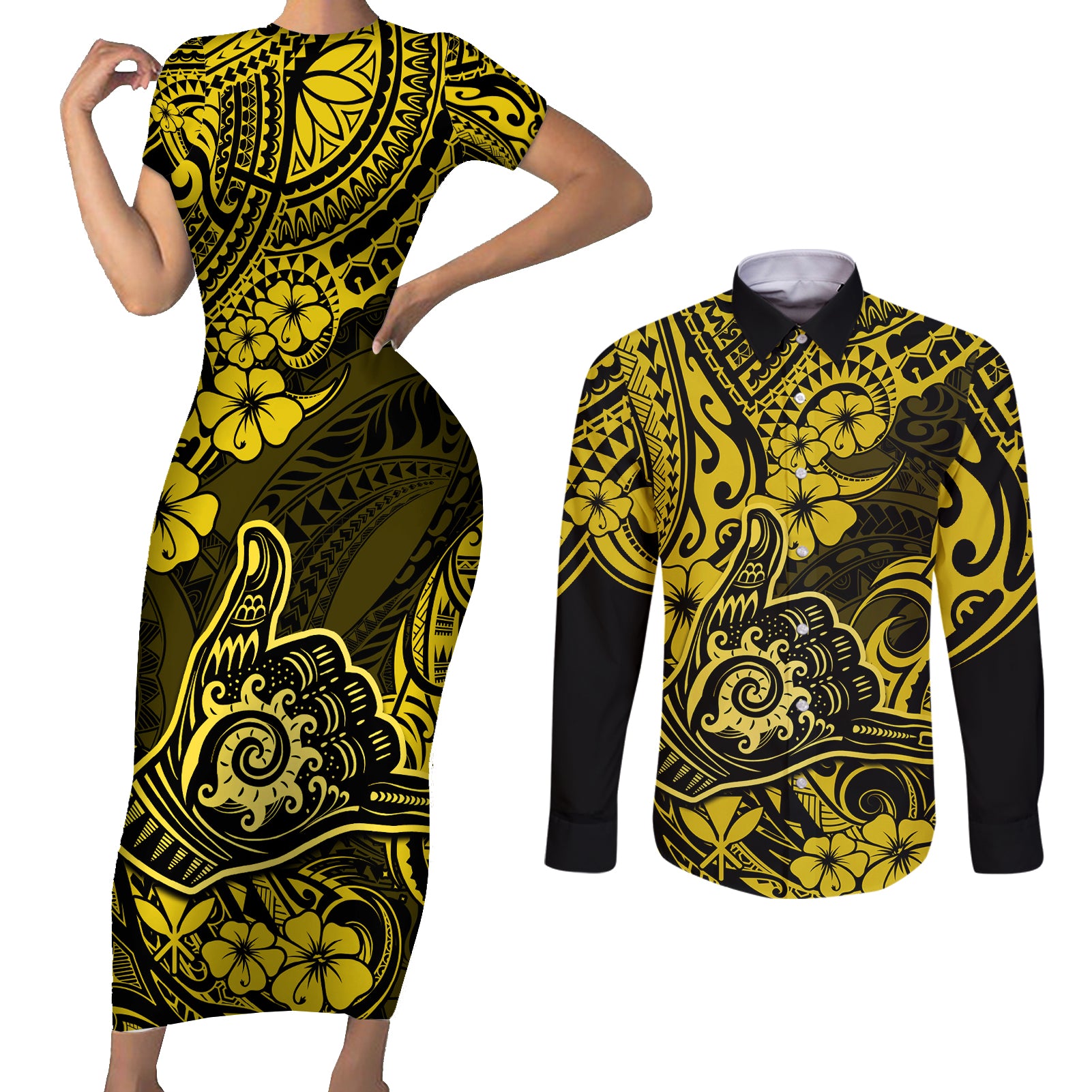 Hawaii Shaka Sign Couples Matching Short Sleeve Bodycon Dress and Long Sleeve Button Shirts Polynesian Pattern Yellow Version - Wonder Print Shop