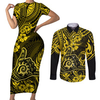 Hawaii Shaka Sign Couples Matching Short Sleeve Bodycon Dress and Long Sleeve Button Shirts Polynesian Pattern Yellow Version - Wonder Print Shop