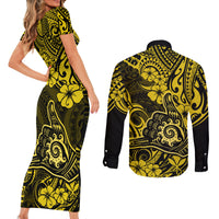 Hawaii Shaka Sign Couples Matching Short Sleeve Bodycon Dress and Long Sleeve Button Shirts Polynesian Pattern Yellow Version - Wonder Print Shop