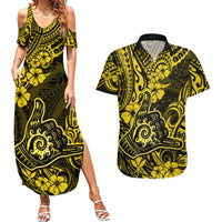 Hawaii Shaka Sign Couples Matching Summer Maxi Dress and Hawaiian Shirt Polynesian Pattern Yellow Version - Wonder Print Shop