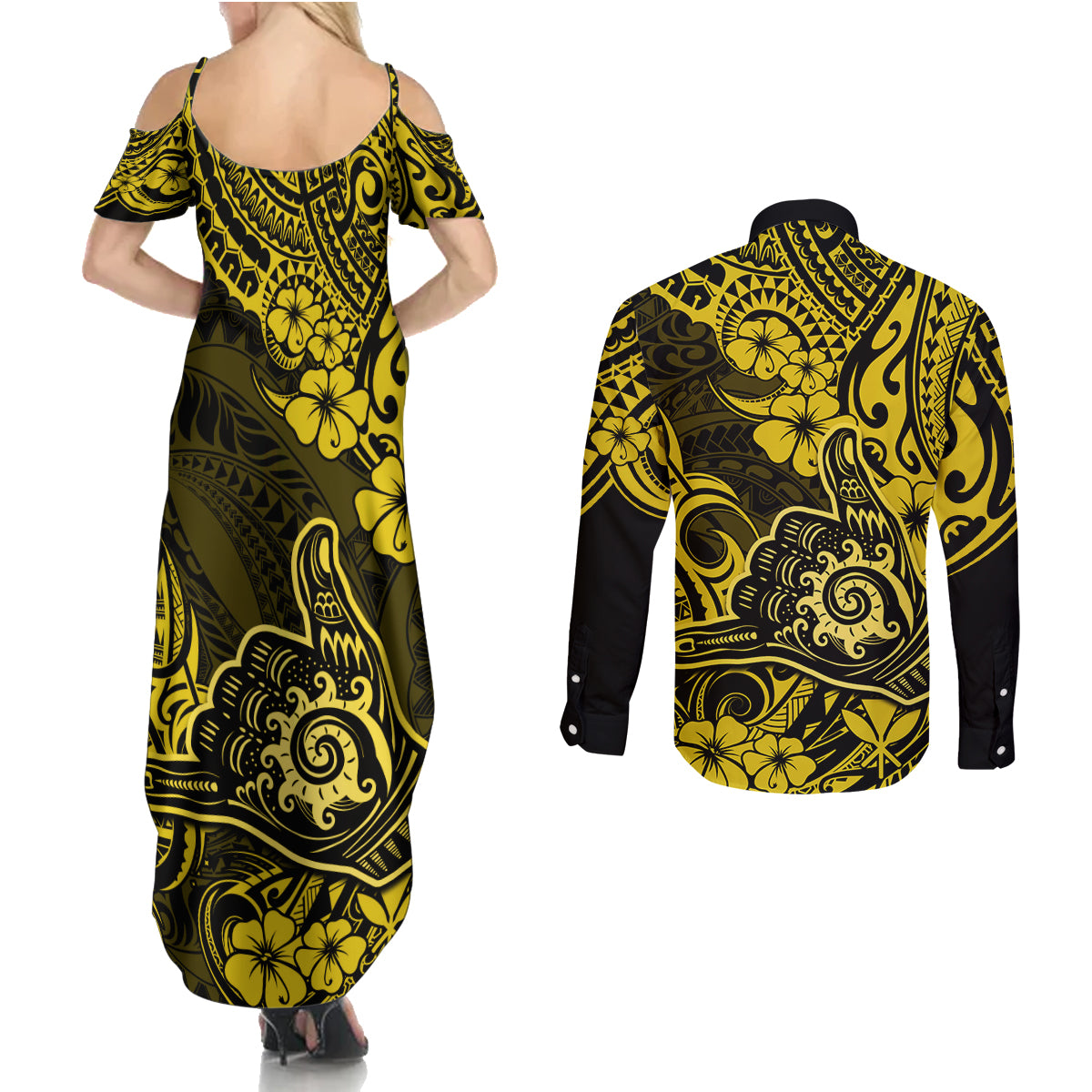 Hawaii Shaka Sign Couples Matching Summer Maxi Dress and Long Sleeve Button Shirts Polynesian Pattern Yellow Version - Wonder Print Shop