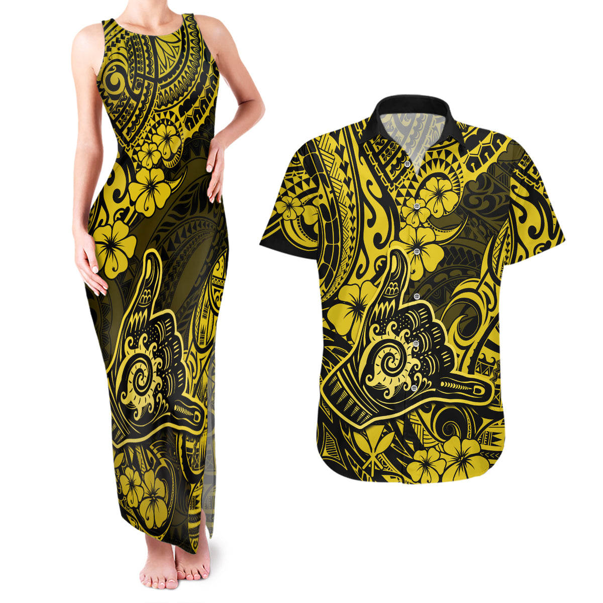 Hawaii Shaka Sign Couples Matching Tank Maxi Dress and Hawaiian Shirt Polynesian Pattern Yellow Version - Wonder Print Shop