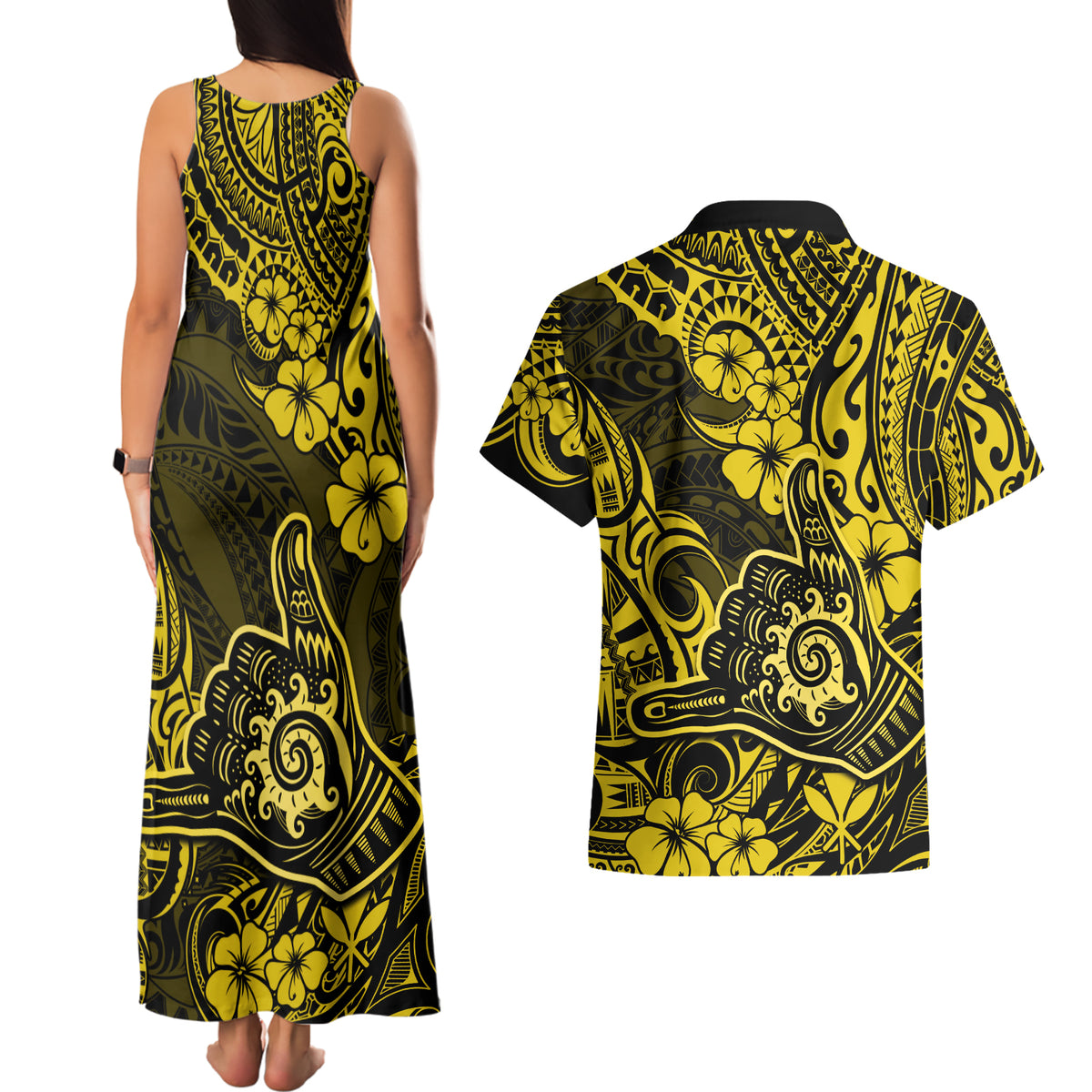 Hawaii Shaka Sign Couples Matching Tank Maxi Dress and Hawaiian Shirt Polynesian Pattern Yellow Version - Wonder Print Shop