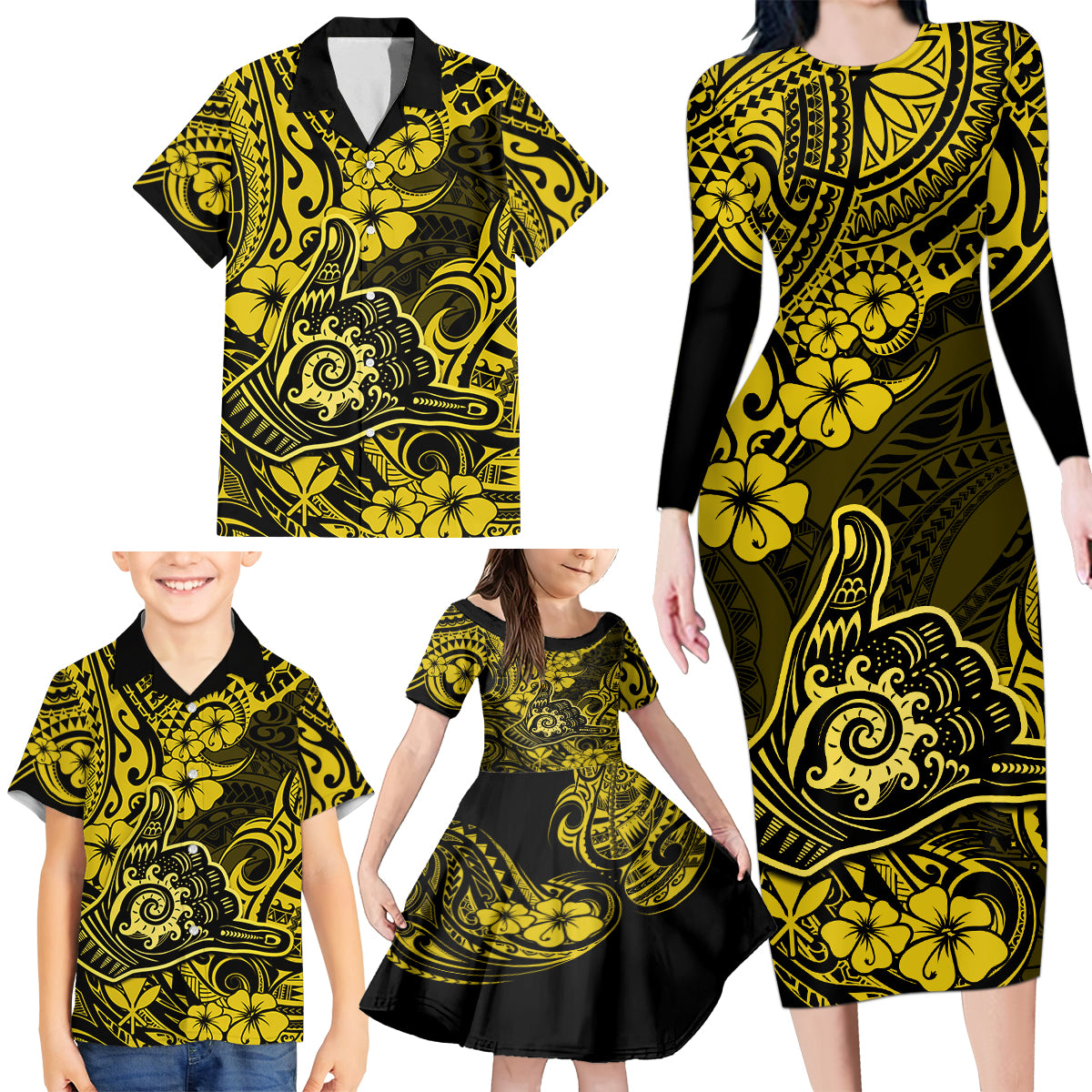 Hawaii Shaka Sign Family Matching Long Sleeve Bodycon Dress and Hawaiian Shirt Polynesian Pattern Yellow Version - Wonder Print Shop