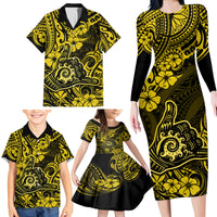 Hawaii Shaka Sign Family Matching Long Sleeve Bodycon Dress and Hawaiian Shirt Polynesian Pattern Yellow Version - Wonder Print Shop