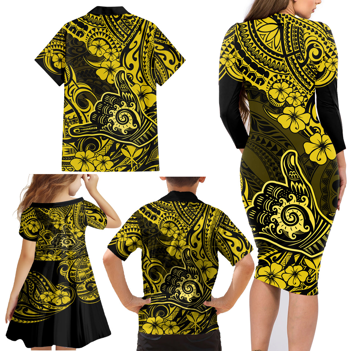 Hawaii Shaka Sign Family Matching Long Sleeve Bodycon Dress and Hawaiian Shirt Polynesian Pattern Yellow Version - Wonder Print Shop