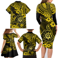 Hawaii Shaka Sign Family Matching Long Sleeve Bodycon Dress and Hawaiian Shirt Polynesian Pattern Yellow Version - Wonder Print Shop