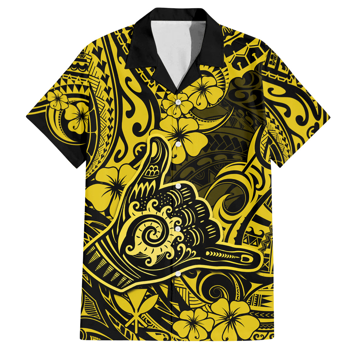 Hawaii Shaka Sign Family Matching Long Sleeve Bodycon Dress and Hawaiian Shirt Polynesian Pattern Yellow Version - Wonder Print Shop