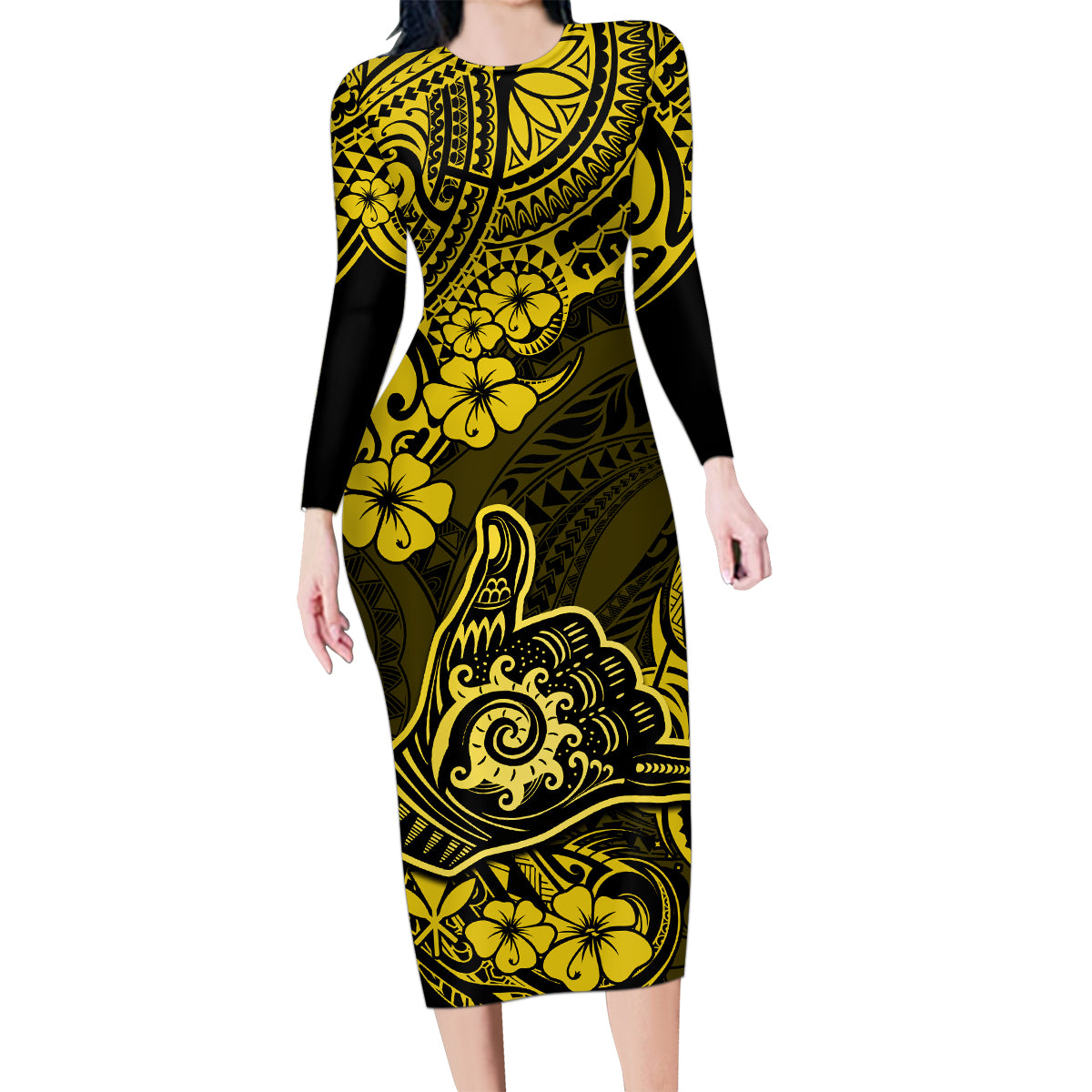 Hawaii Shaka Sign Family Matching Long Sleeve Bodycon Dress and Hawaiian Shirt Polynesian Pattern Yellow Version - Wonder Print Shop
