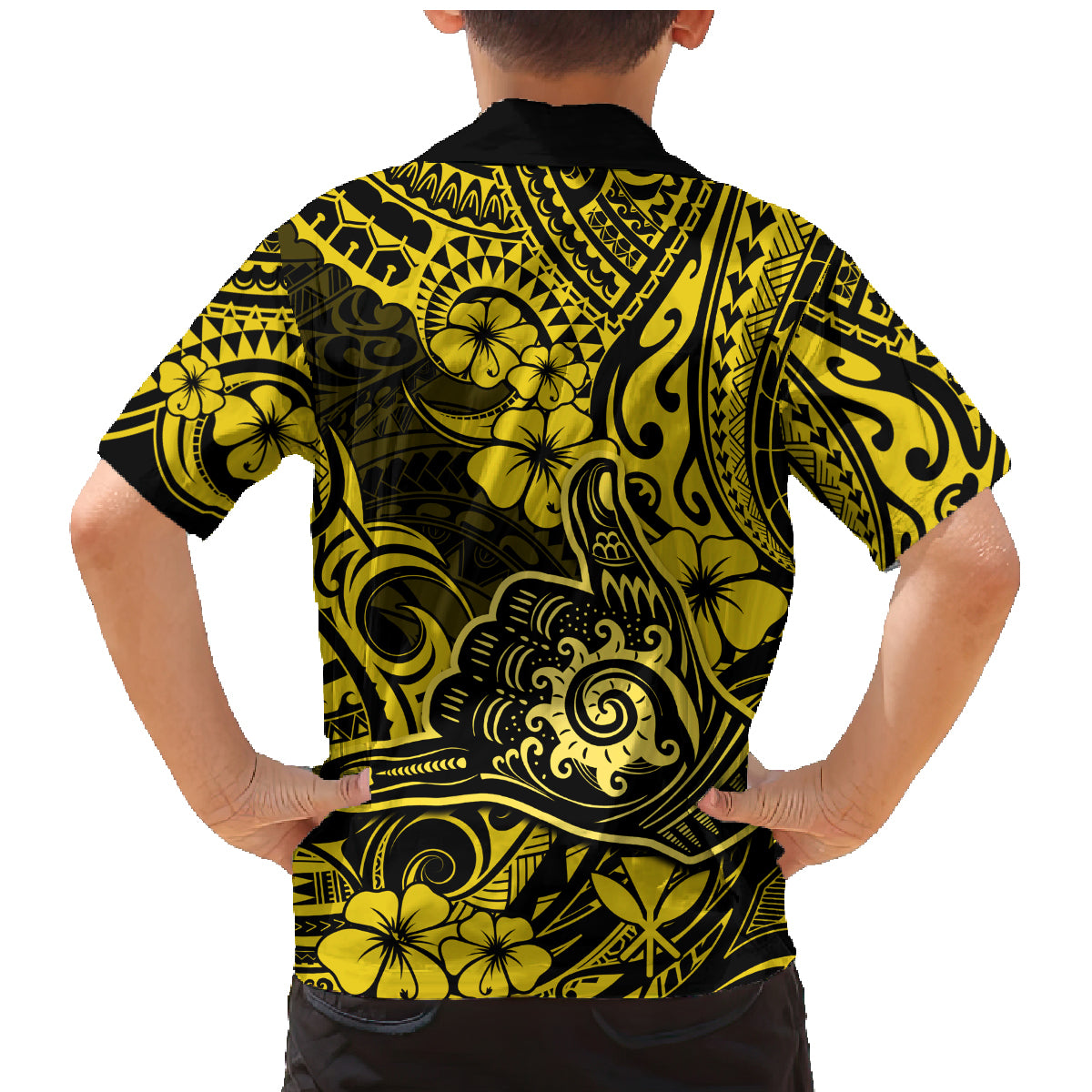 Hawaii Shaka Sign Family Matching Mermaid Dress and Hawaiian Shirt Polynesian Pattern Yellow Version - Wonder Print Shop