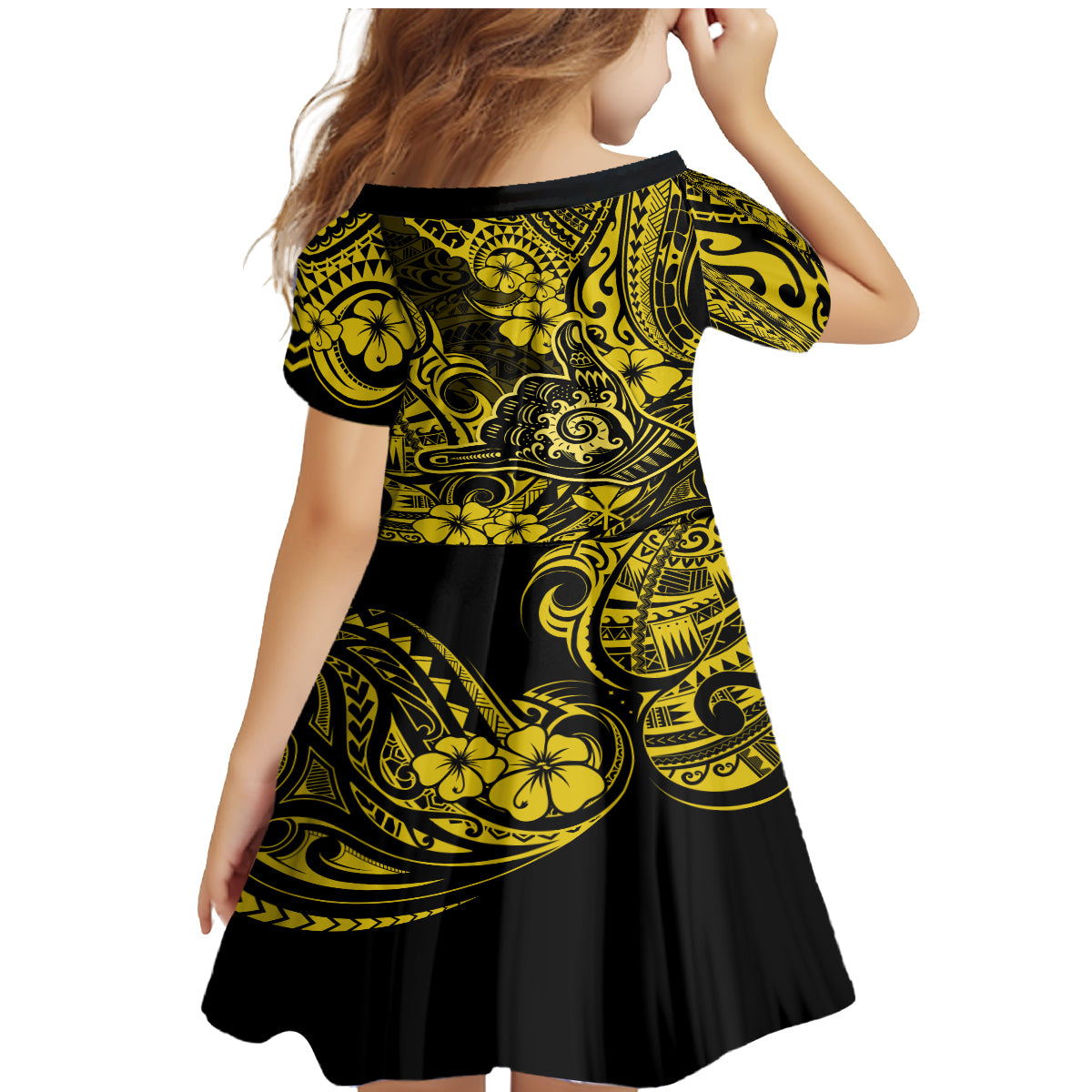 Hawaii Shaka Sign Family Matching Mermaid Dress and Hawaiian Shirt Polynesian Pattern Yellow Version - Wonder Print Shop