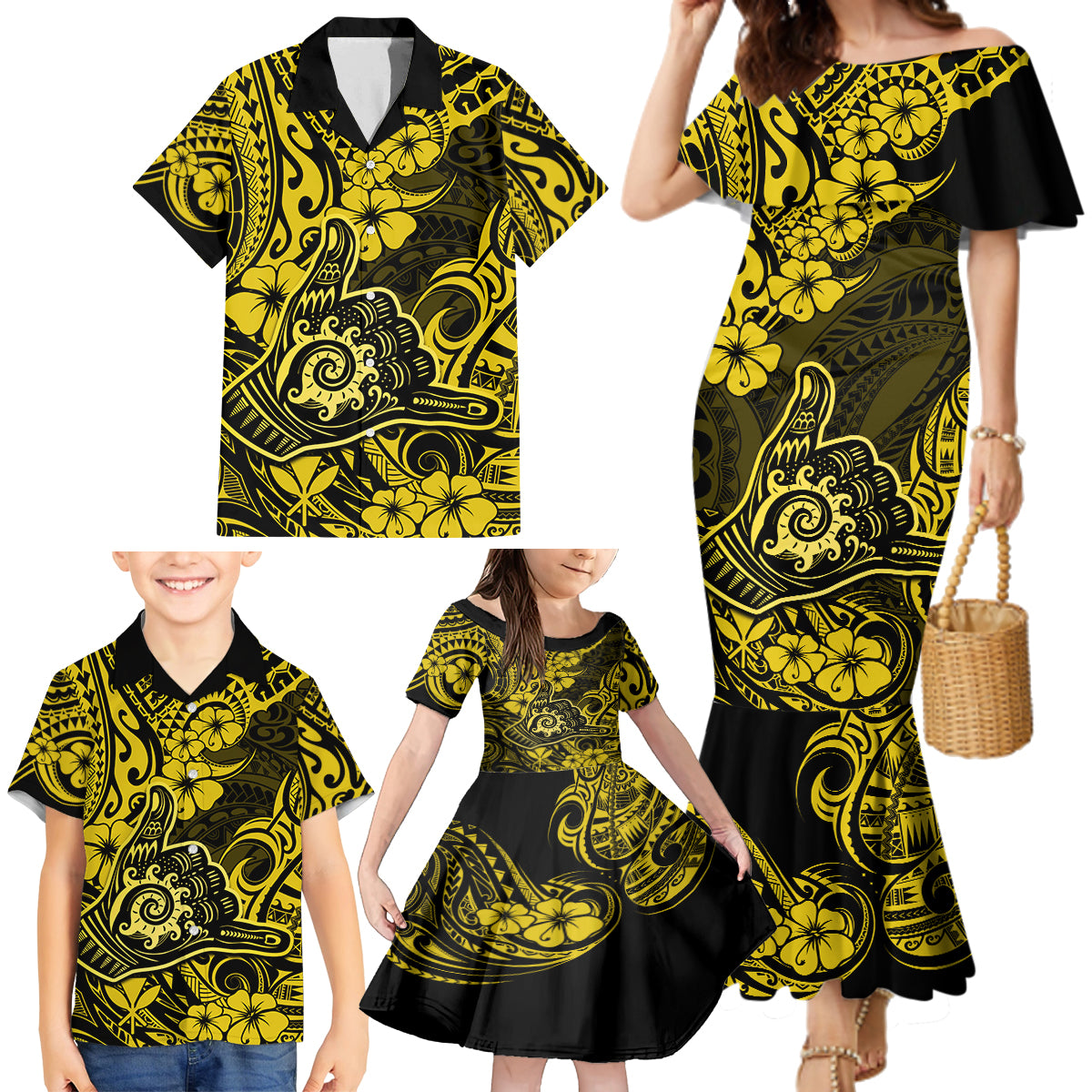 Hawaii Shaka Sign Family Matching Mermaid Dress and Hawaiian Shirt Polynesian Pattern Yellow Version - Wonder Print Shop