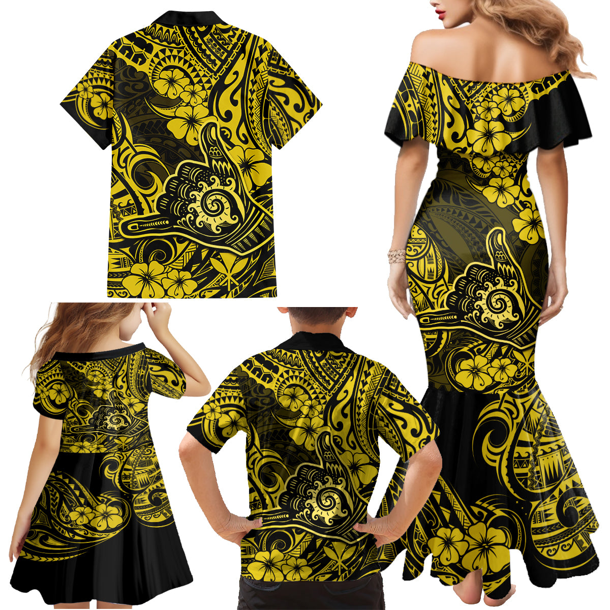 Hawaii Shaka Sign Family Matching Mermaid Dress and Hawaiian Shirt Polynesian Pattern Yellow Version - Wonder Print Shop