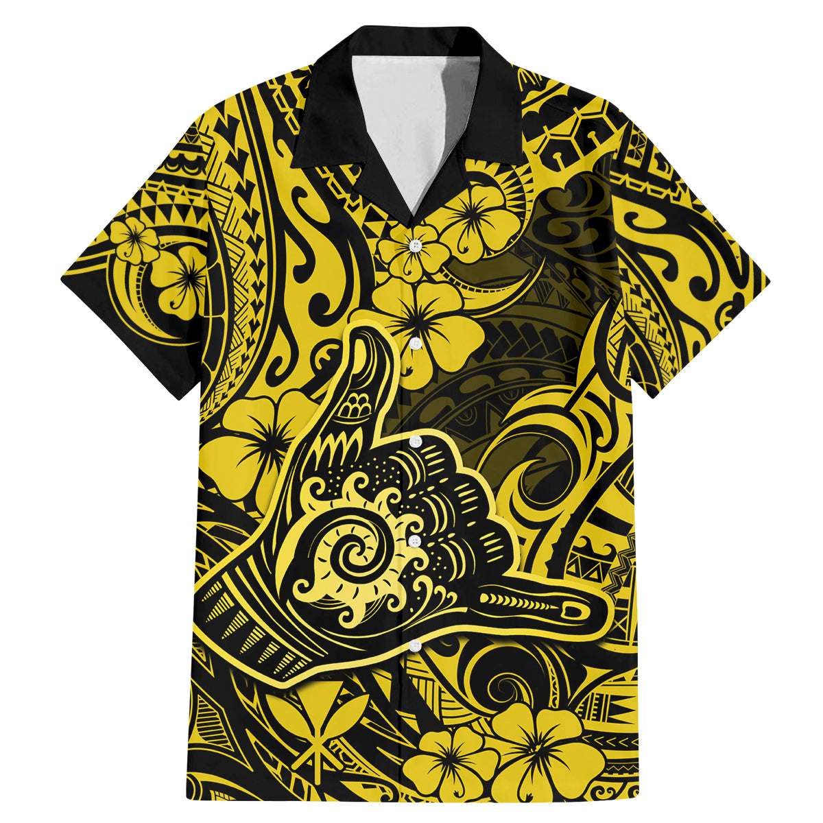 Hawaii Shaka Sign Family Matching Mermaid Dress and Hawaiian Shirt Polynesian Pattern Yellow Version - Wonder Print Shop