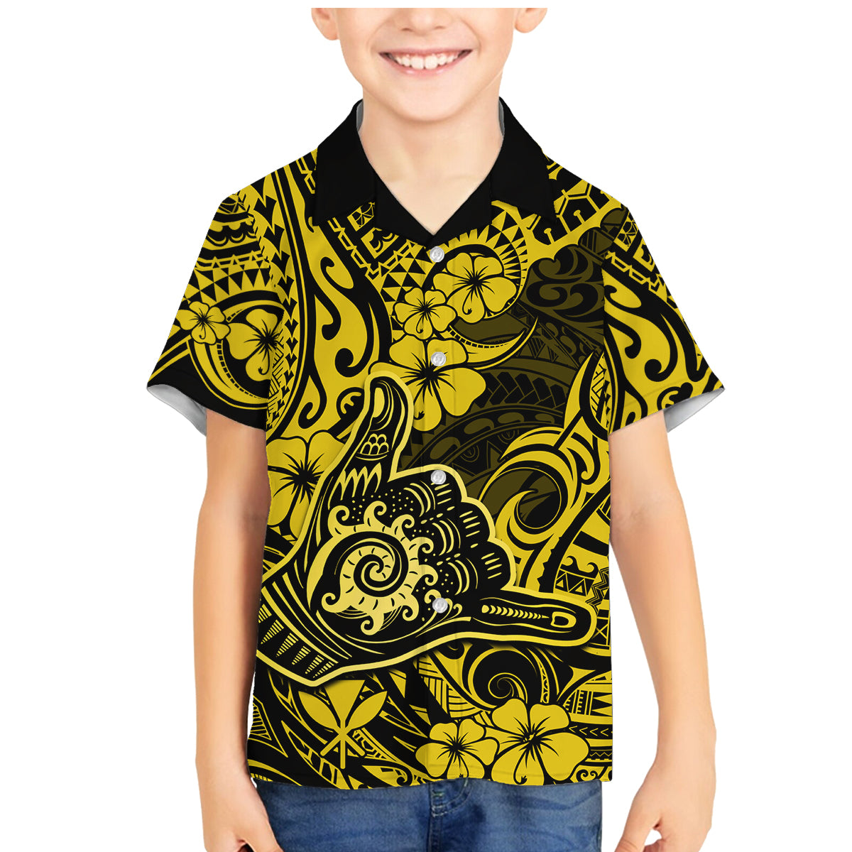Hawaii Shaka Sign Family Matching Mermaid Dress and Hawaiian Shirt Polynesian Pattern Yellow Version - Wonder Print Shop
