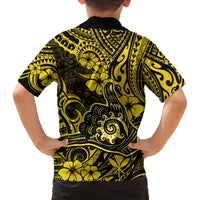 Hawaii Shaka Sign Family Matching Off Shoulder Long Sleeve Dress and Hawaiian Shirt Polynesian Pattern Yellow Version - Wonder Print Shop