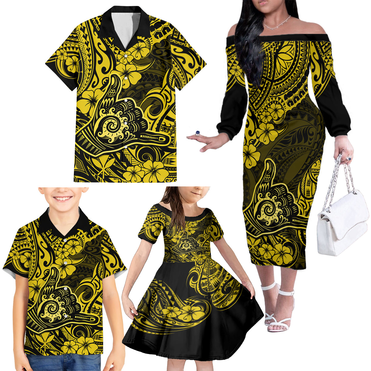 Hawaii Shaka Sign Family Matching Off Shoulder Long Sleeve Dress and Hawaiian Shirt Polynesian Pattern Yellow Version - Wonder Print Shop