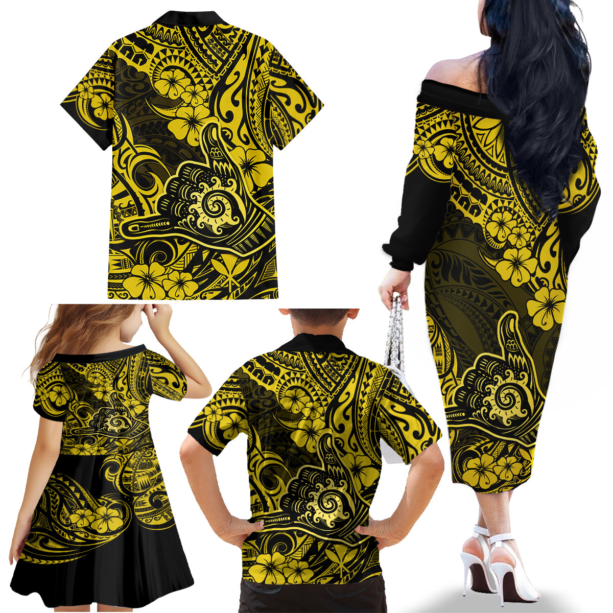 Hawaii Shaka Sign Family Matching Off Shoulder Long Sleeve Dress and Hawaiian Shirt Polynesian Pattern Yellow Version - Wonder Print Shop