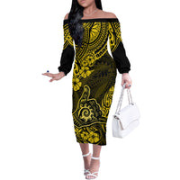 Hawaii Shaka Sign Family Matching Off Shoulder Long Sleeve Dress and Hawaiian Shirt Polynesian Pattern Yellow Version - Wonder Print Shop
