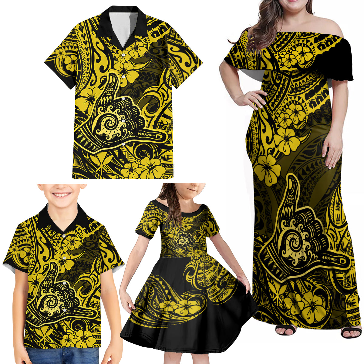 Hawaii Shaka Sign Family Matching Off Shoulder Maxi Dress and Hawaiian Shirt Polynesian Pattern Yellow Version - Wonder Print Shop