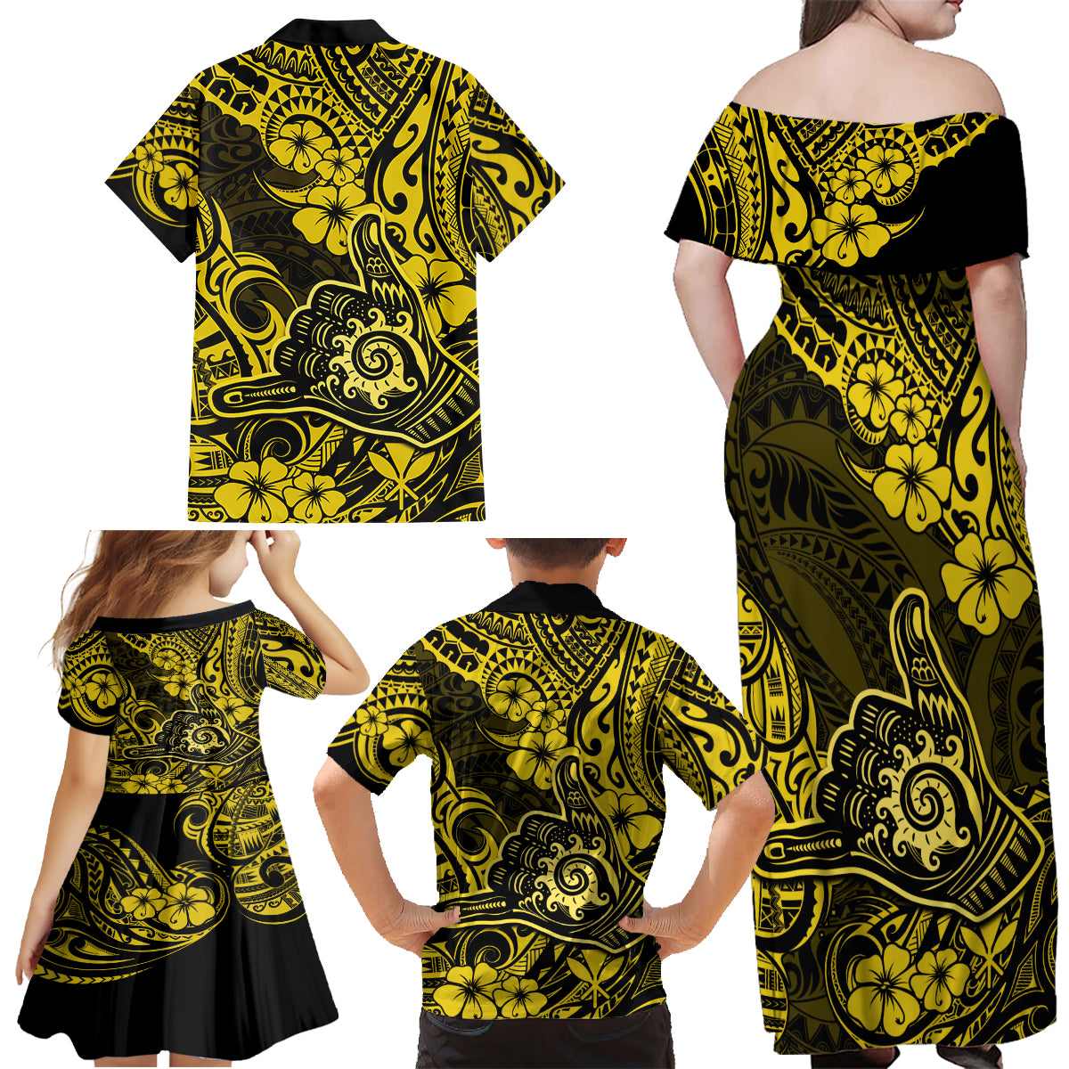 Hawaii Shaka Sign Family Matching Off Shoulder Maxi Dress and Hawaiian Shirt Polynesian Pattern Yellow Version - Wonder Print Shop